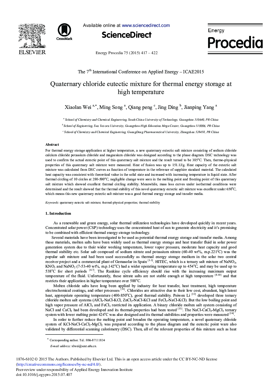 Quaternary Chloride Eutectic Mixture for Thermal Energy Storage at High Temperature 