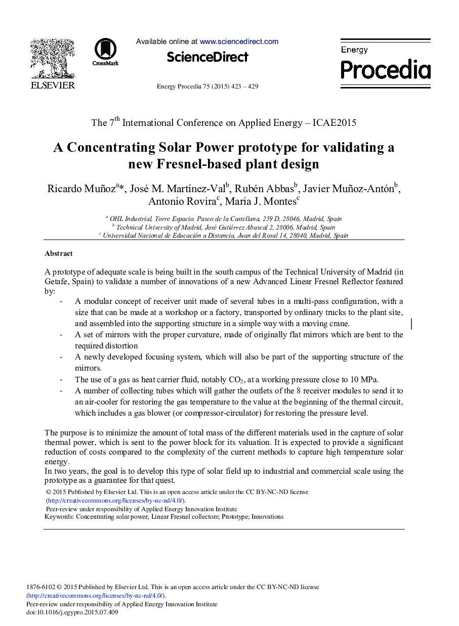 A Concentrating Solar Power Prototype for validating a new Fresnel-based plant design 