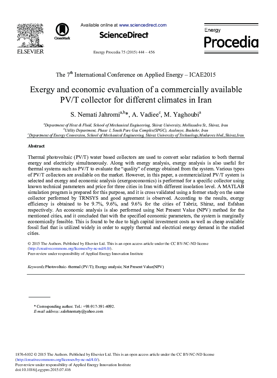 Exergy and Economic Evaluation of a Commercially Available PV/T Collector for Different Climates in Iran 