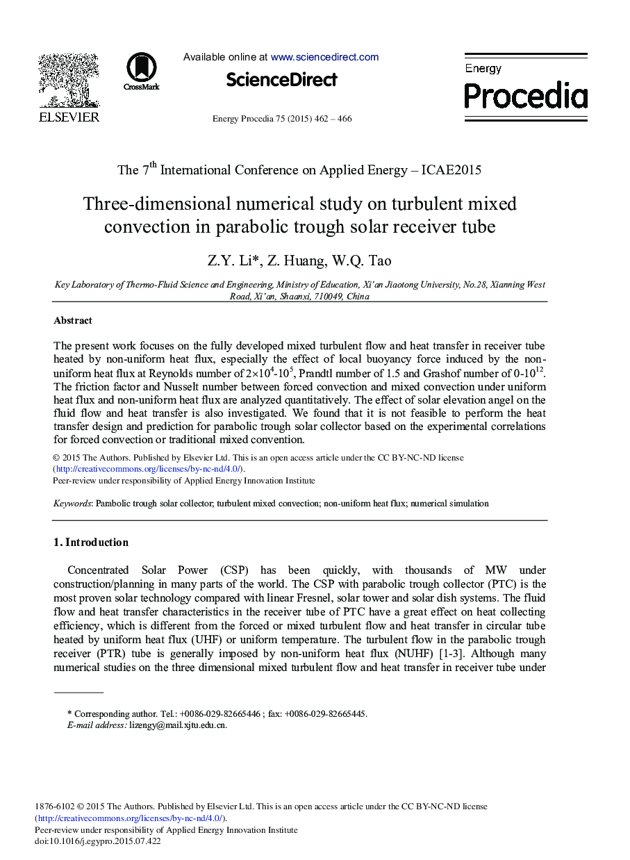 Three-dimensional Numerical Study on Turbulent Mixed Convection in Parabolic Trough Solar Receiver Tube 
