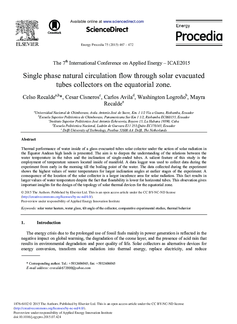 Single Phase Natural Circulation Flow through Solar Evacuated Tubes Collectors on the Equatorial Zone 