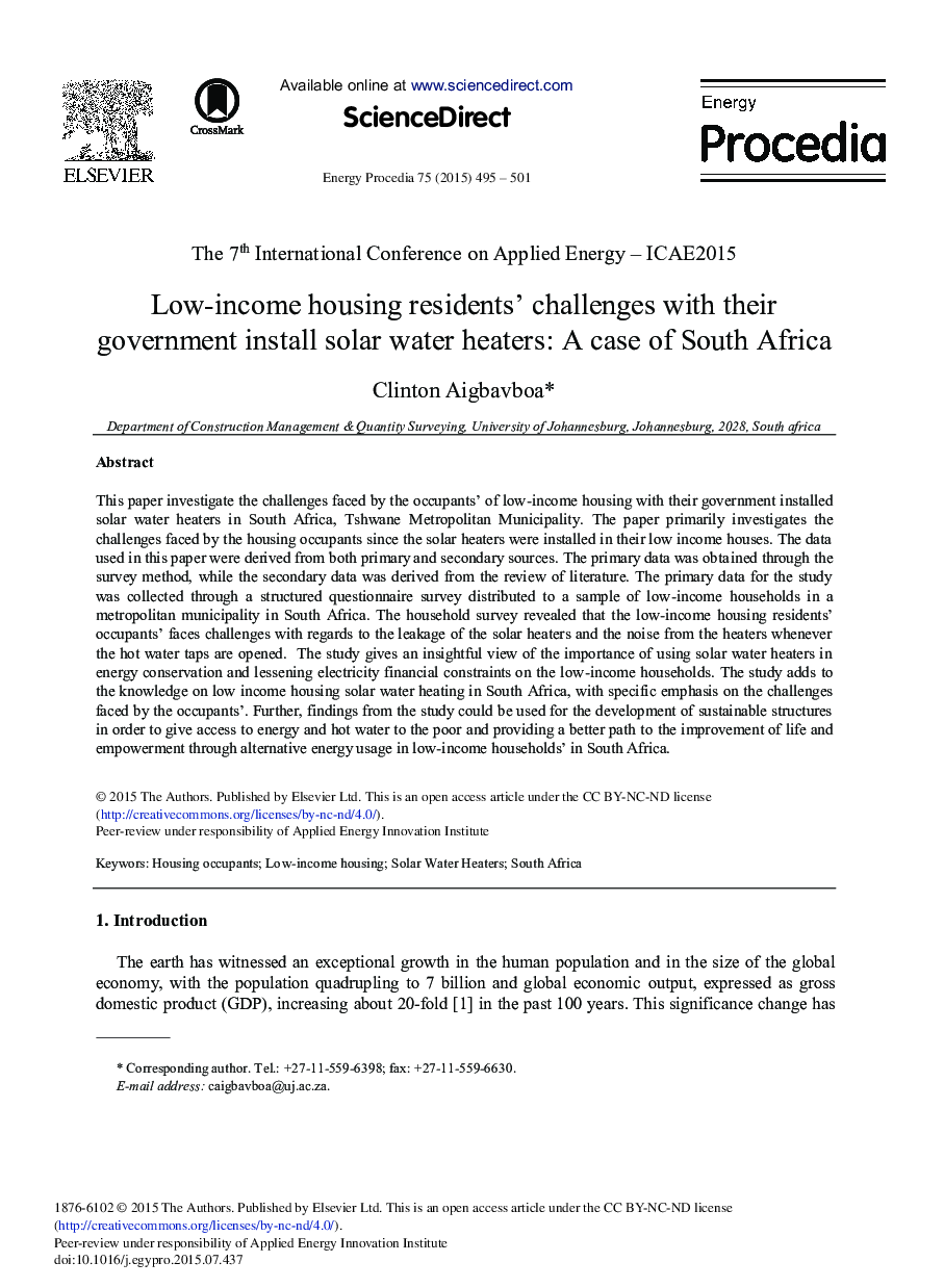 Low-income Housing Residents' Challenges with Their Government Install Solar Water Heaters: A Case of South Africa