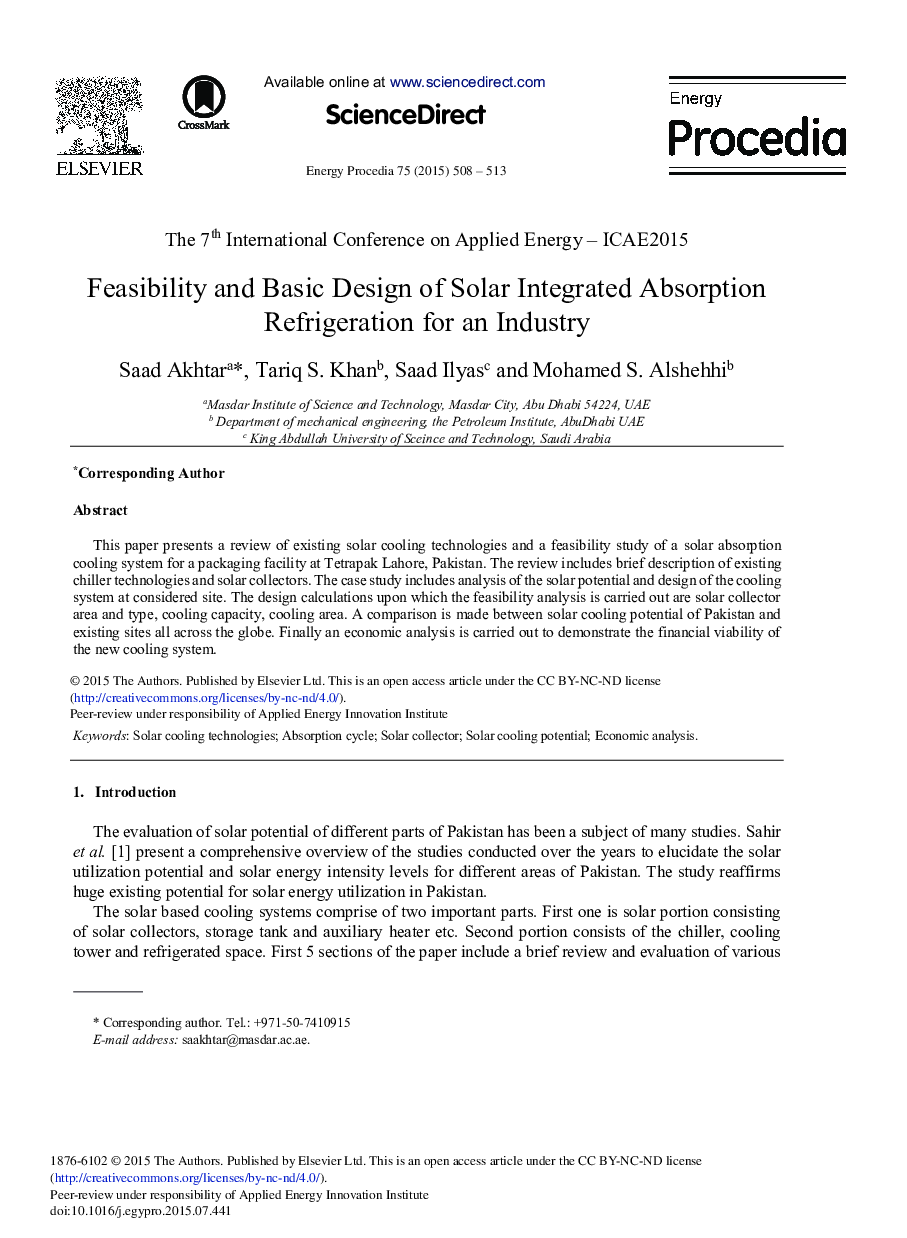 Feasibility and Basic Design of Solar Integrated Absorption Refrigeration for an Industry 