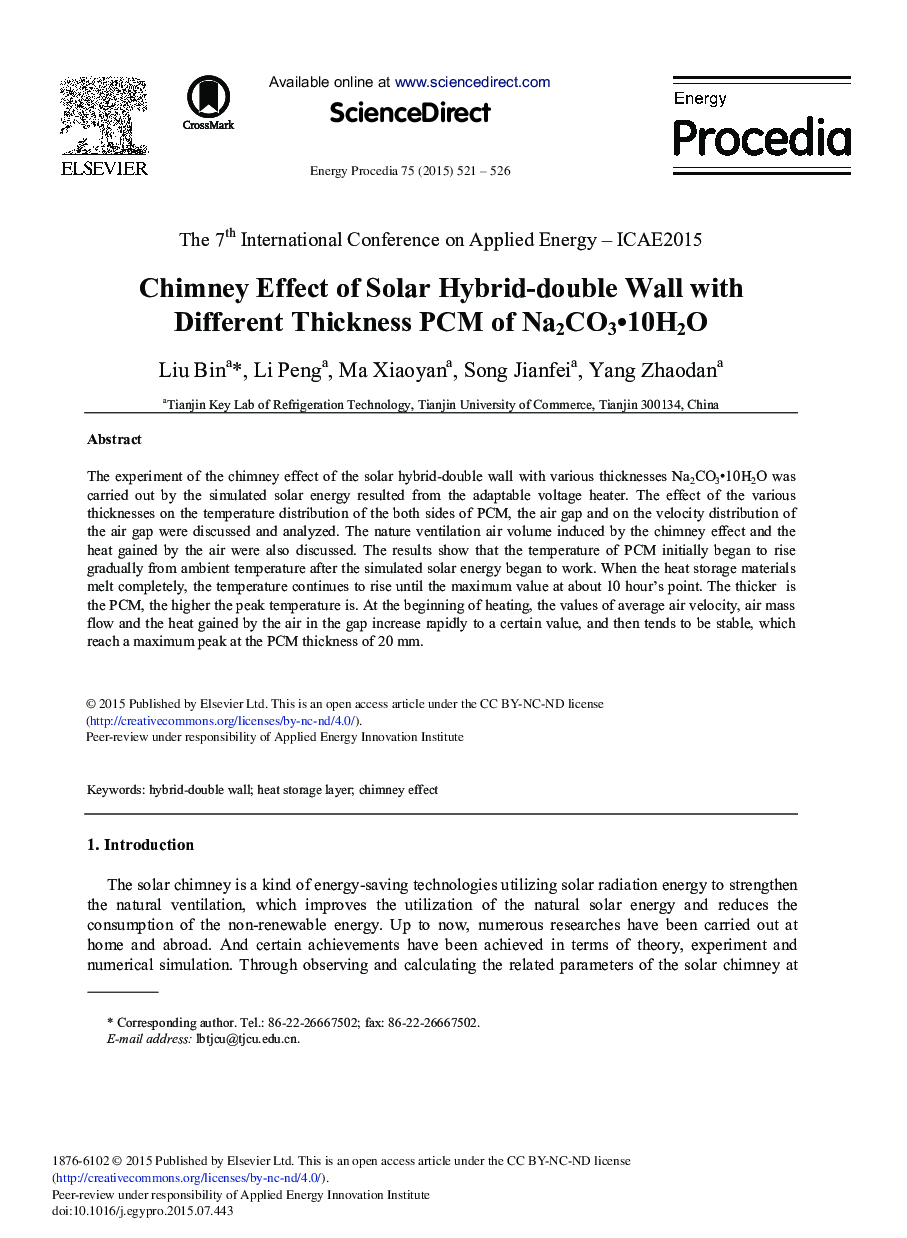 Chimney Effect of Solar Hybrid-double Wall with Different Thickness PCM of Na2CO3•10H2O 