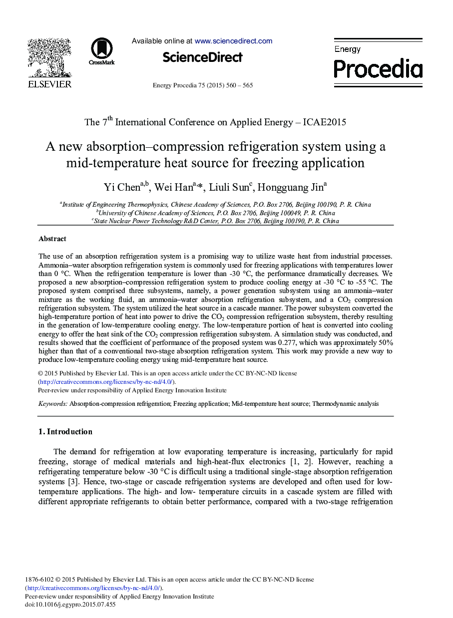 A New Absorption–compression Refrigeration System Using a Mid-temperature Heat Source for Freezing Application 
