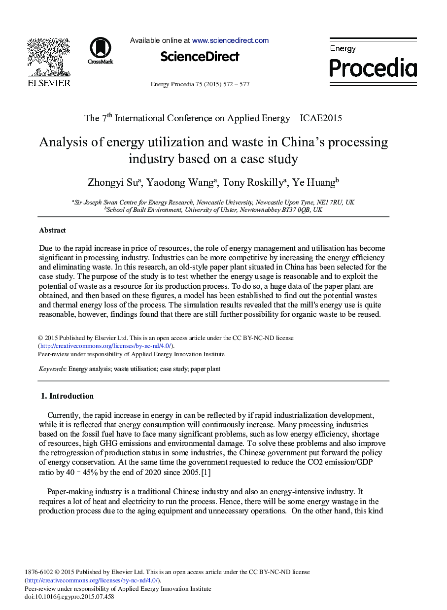 Analysis of Energy Utilization and Waste in China's Processing Industry Based on a Case Study 