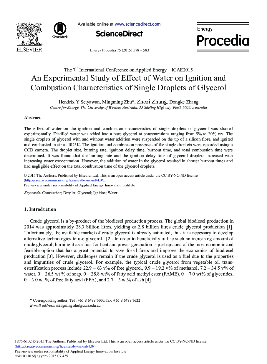 An Experimental Study of Effect of Water on Ignition and Combustion Characteristics of Single Droplets of Glycerol 