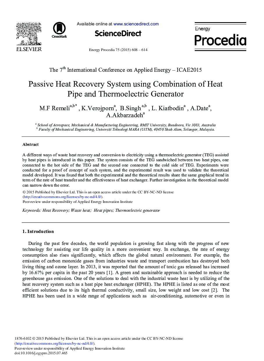 Passive Heat Recovery System Using Combination of Heat Pipe and Thermoelectric Generator 