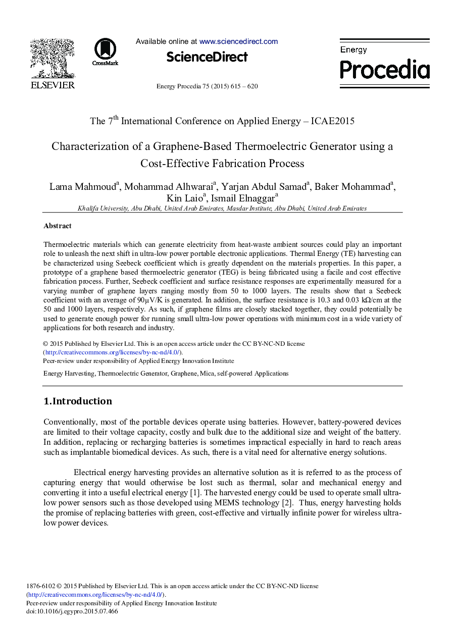 Characterization of a Graphene-Based Thermoelectric Generator Using a Cost-Effective Fabrication Process 