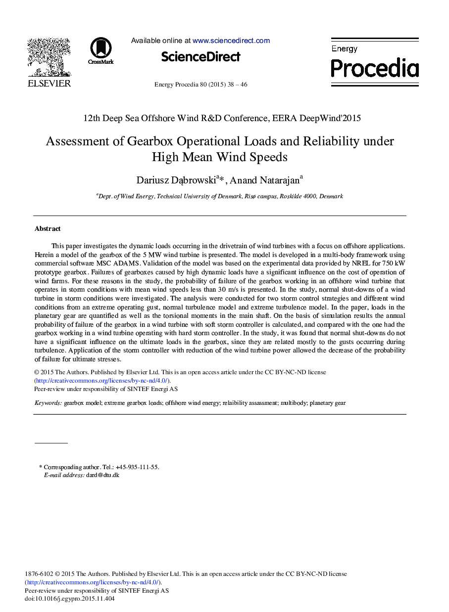 Assessment of Gearbox Operational Loads and Reliability under High Mean Wind Speeds 