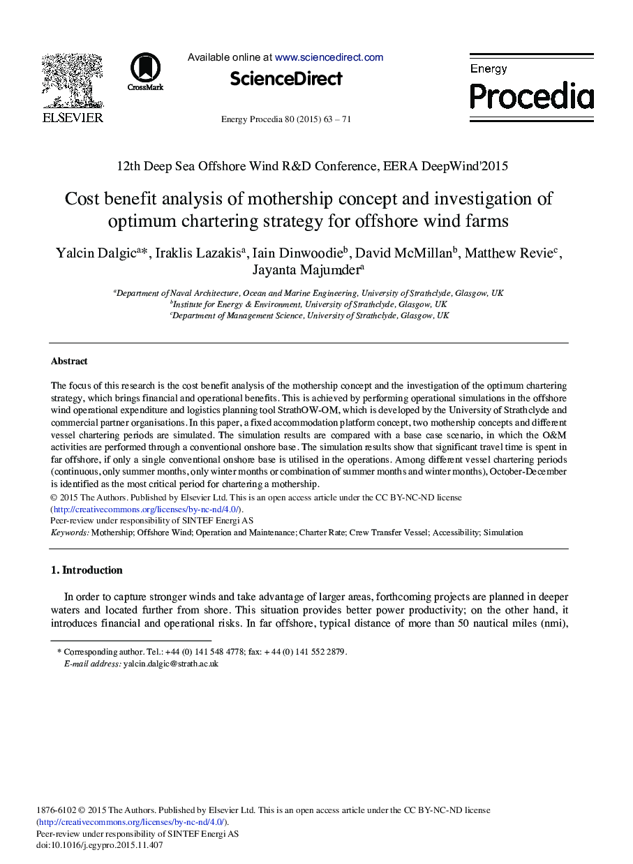Cost Benefit Analysis of Mothership Concept and Investigation of Optimum Chartering Strategy for Offshore Wind Farms 
