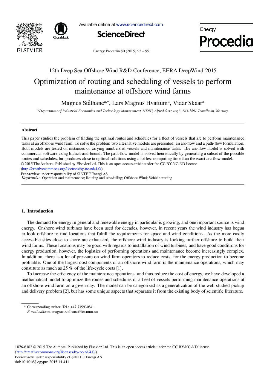 Optimization of Routing and Scheduling of Vessels to Perform Maintenance at Offshore Wind Farms 