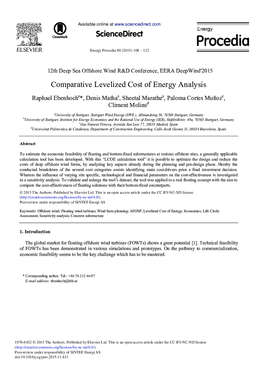 Comparative Levelized Cost of Energy Analysis 