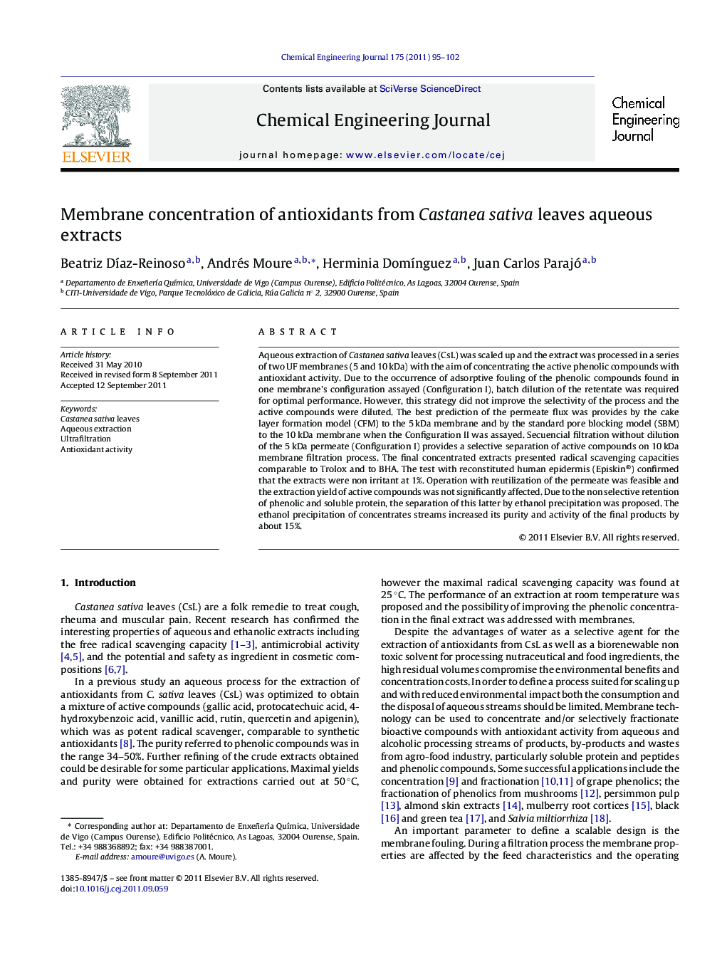 Membrane concentration of antioxidants from Castanea sativa leaves aqueous extracts