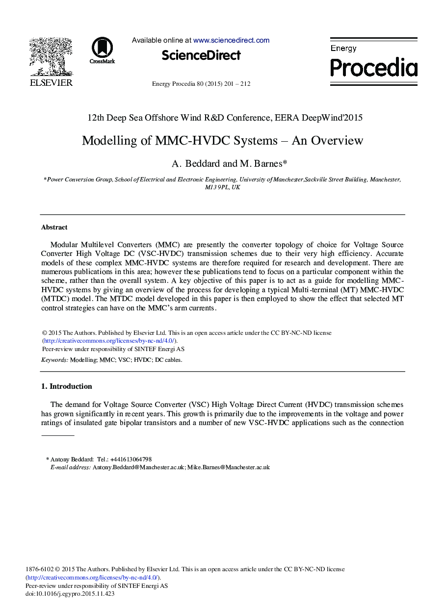 Modelling of MMC-HVDC Systems – An Overview 