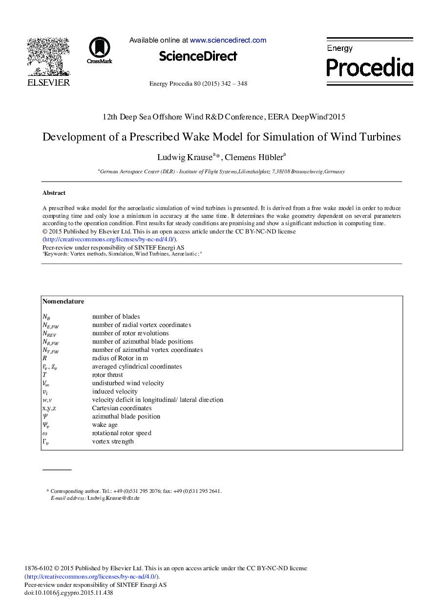 Development of a Prescribed Wake Model for Simulation of Wind Turbines 