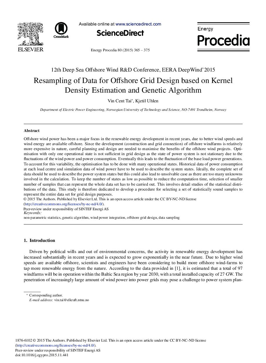 Resampling of Data for Offshore Grid Design Based on Kernel Density Estimation and Genetic Algorithm 