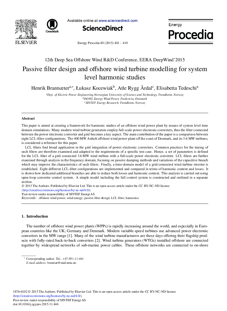 Passive Filter Design and Offshore Wind Turbine Modelling for System Level Harmonic Studies 