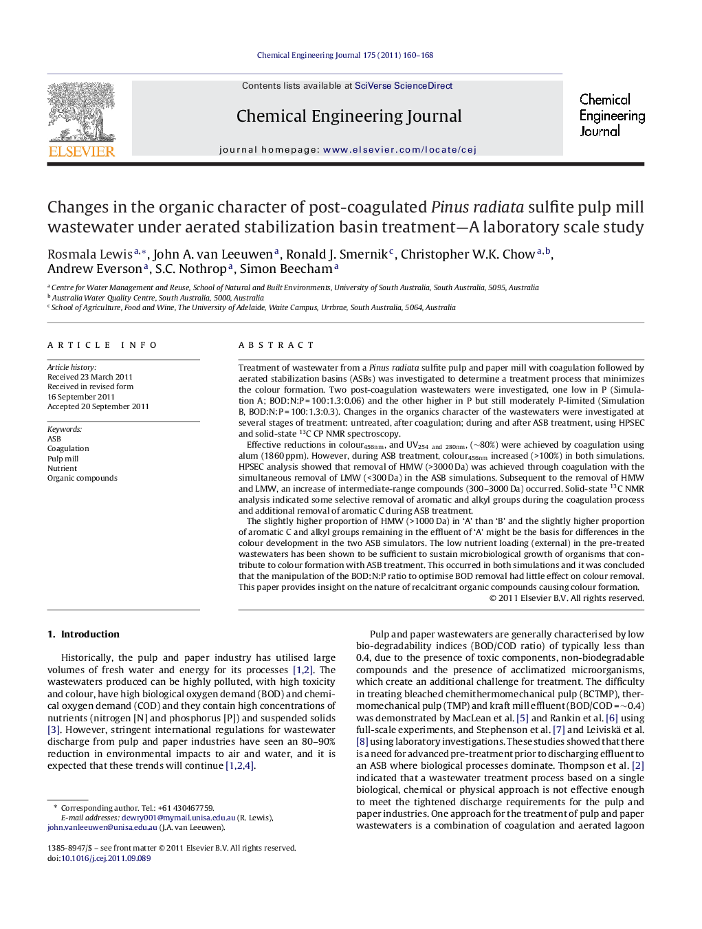 Changes in the organic character of post-coagulated Pinus radiata sulfite pulp mill wastewater under aerated stabilization basin treatment—A laboratory scale study