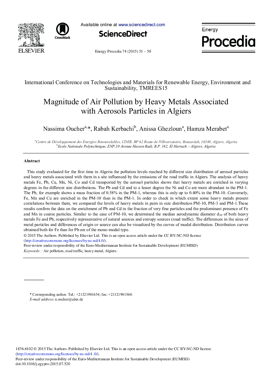 Magnitude of Air Pollution by Heavy Metals Associated with Aerosols Particles in Algiers 