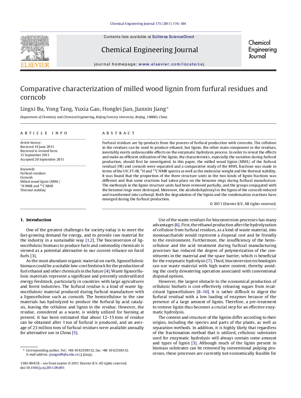 Comparative characterization of milled wood lignin from furfural residues and corncob