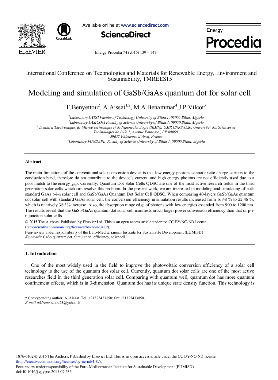 Modeling and Simulation of GaSb/GaAs Quantum Dot for Solar Cell 