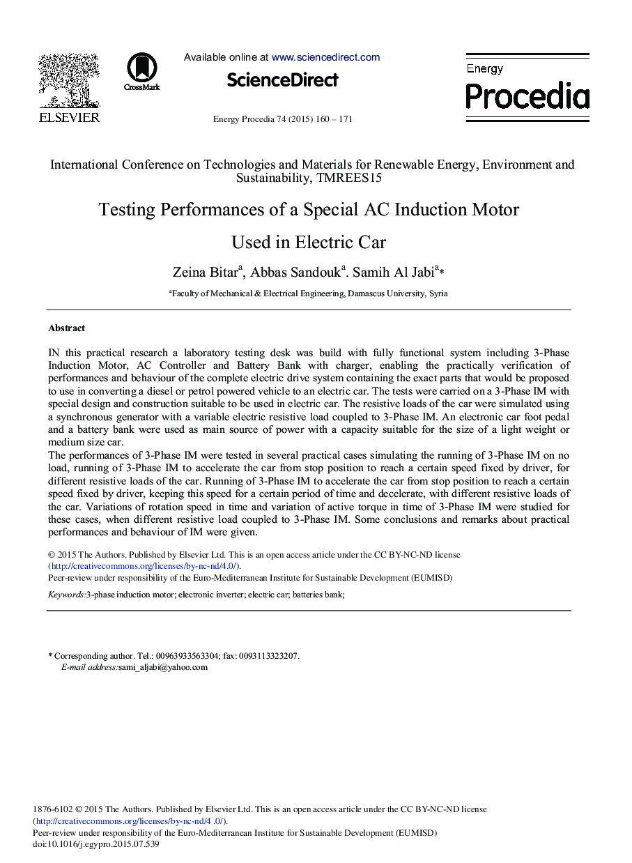 Testing Performances of a Special AC Induction Motor Used in Electric Car 