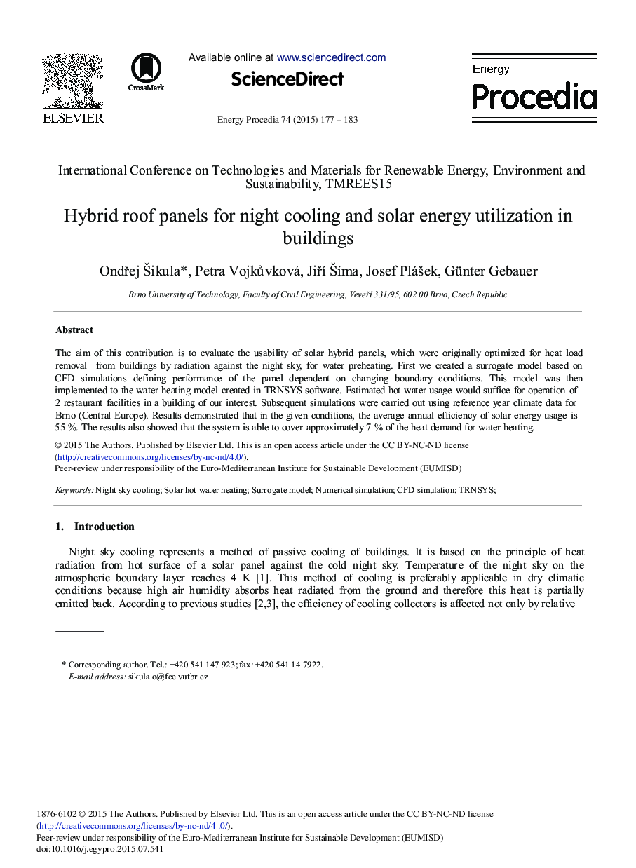 Hybrid Roof Panels for Night Cooling and Solar Energy Utilization in Buildings 