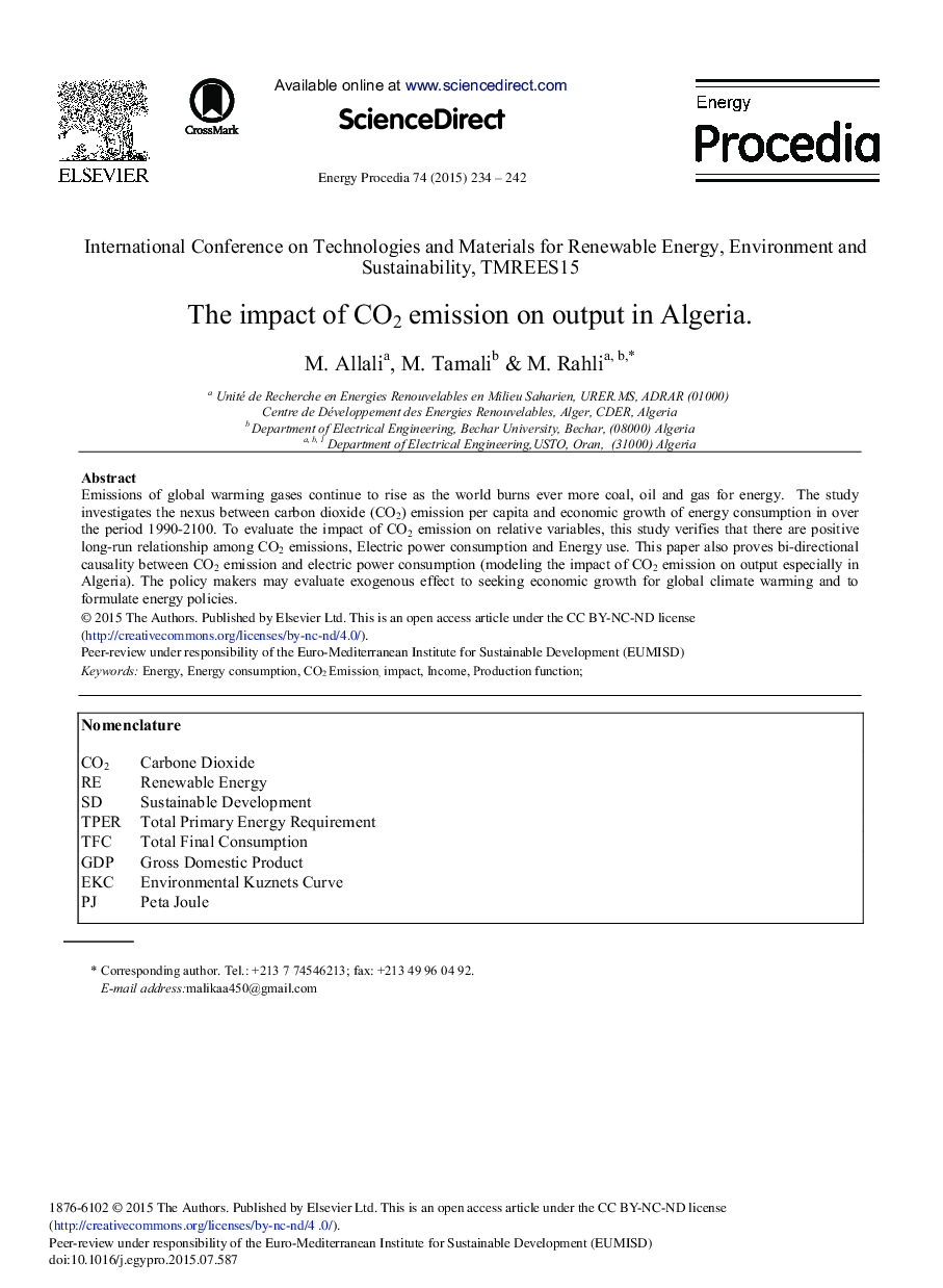 The Impact of CO2 Emission on Output in Algeria 