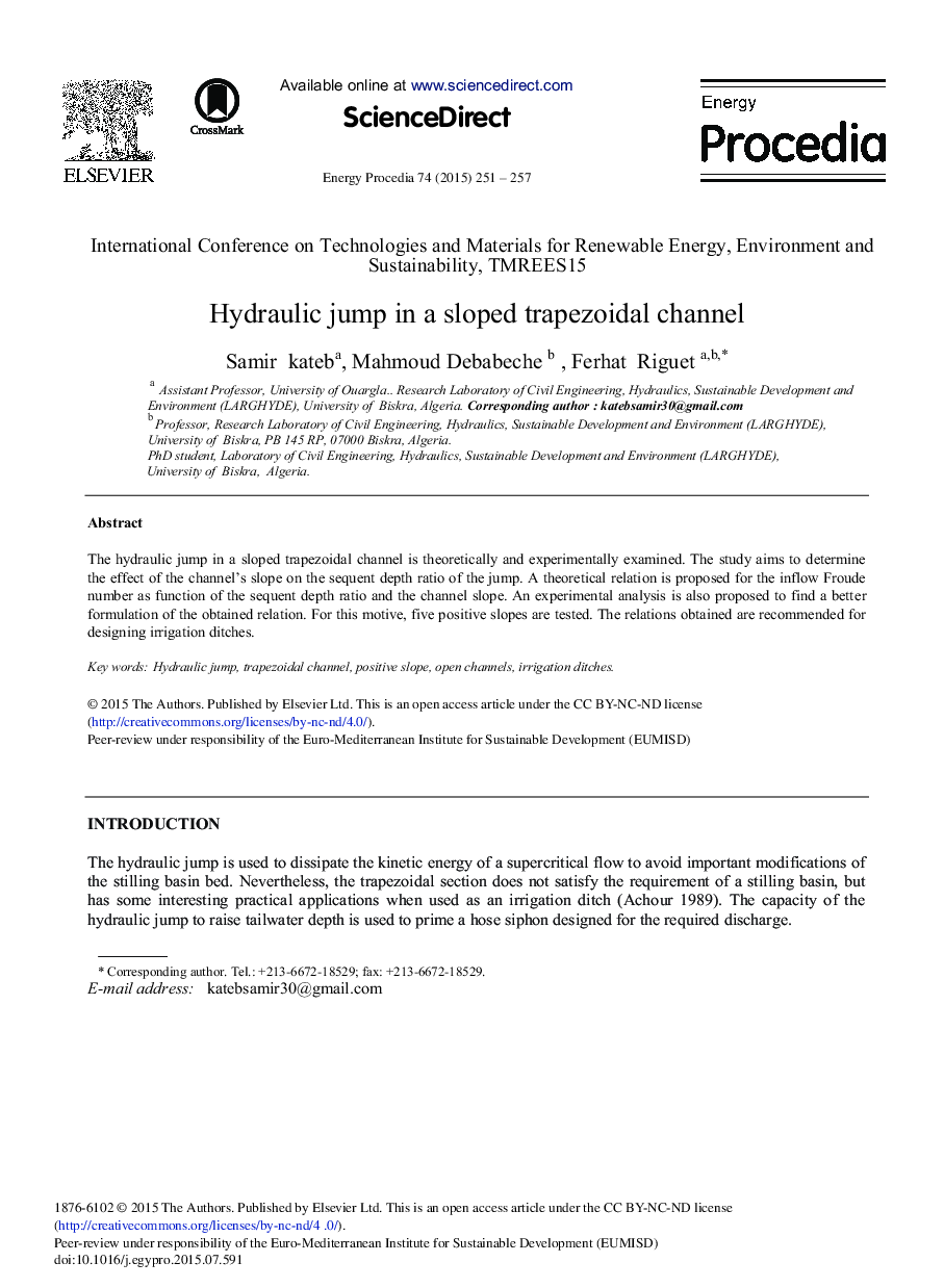 Hydraulic Jump in a Sloped Trapezoidal Channel 