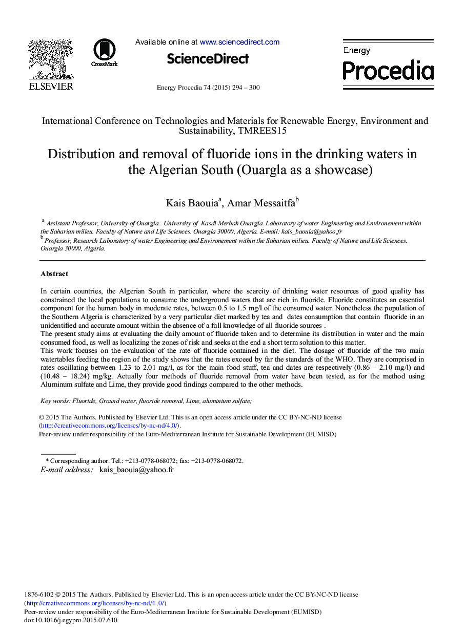 Distribution and Removal of Fluoride Ions in the Drinking Waters in the Algerian South (Ouargla as a Showcase) 