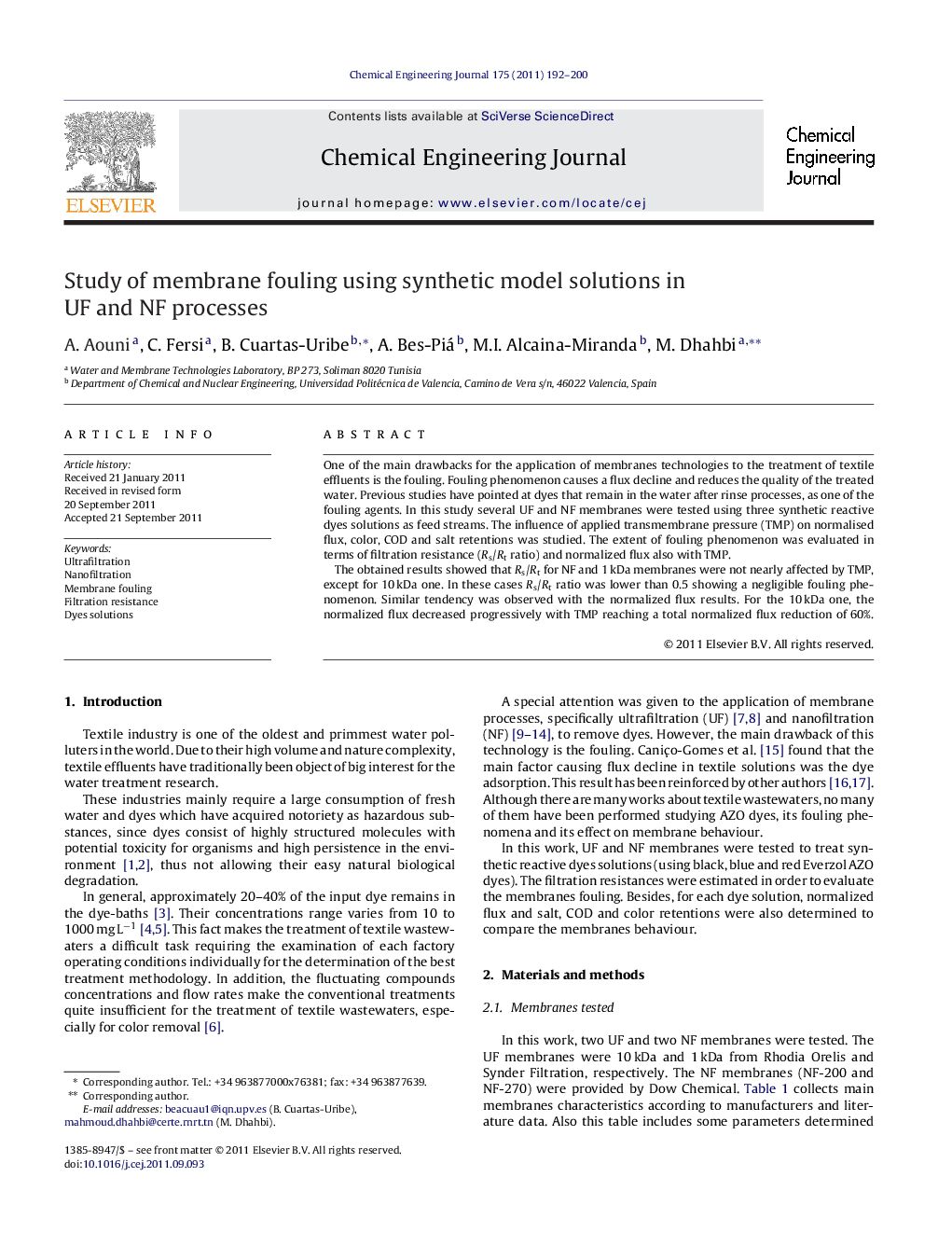 Study of membrane fouling using synthetic model solutions in UF and NF processes