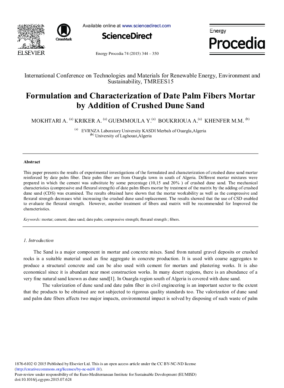 Formulation and Characterization of Date Palm Fibers Mortar by Addition of Crushed Dune Sand 