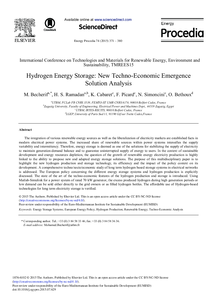 Hydrogen Energy Storage: New Techno-Economic Emergence Solution Analysis 