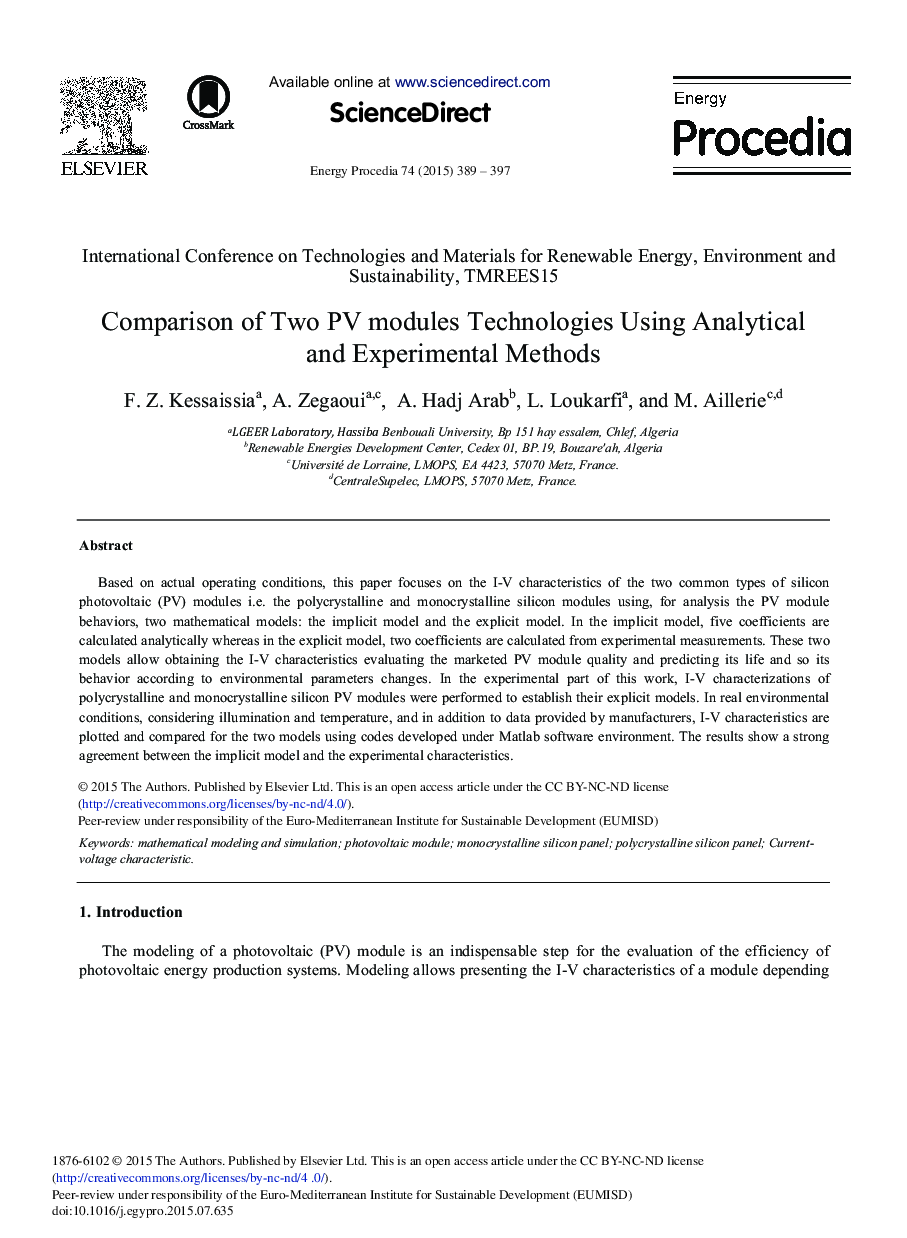 Comparison of Two PV Modules Technologies Using Analytical and Experimental Methods 