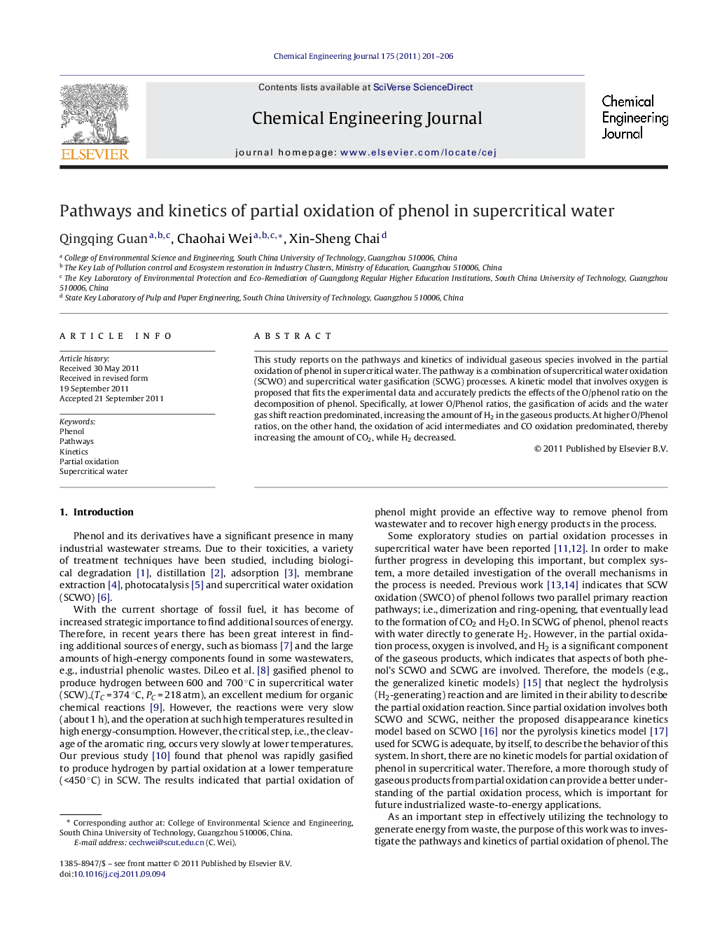 Pathways and kinetics of partial oxidation of phenol in supercritical water