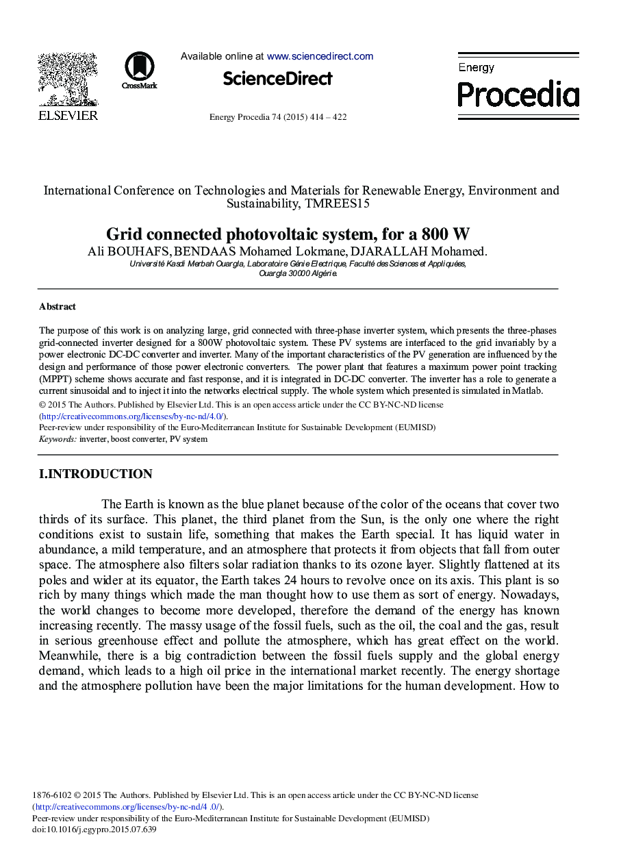 Grid Connected Photovoltaic System, for a 800 W 