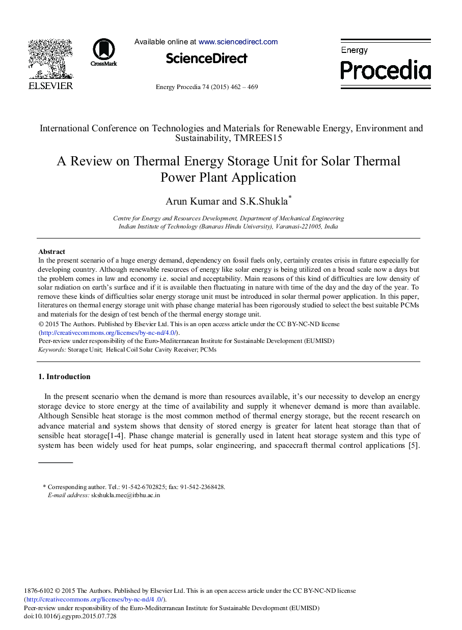 A Review on Thermal Energy Storage Unit for Solar Thermal Power Plant Application 