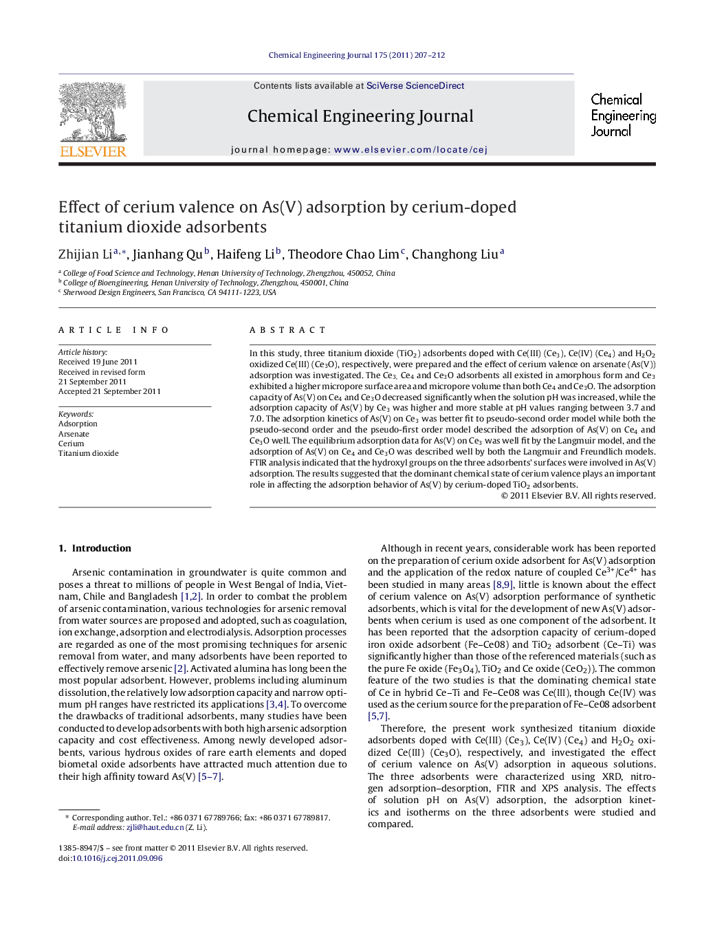 Effect of cerium valence on As(V) adsorption by cerium-doped titanium dioxide adsorbents