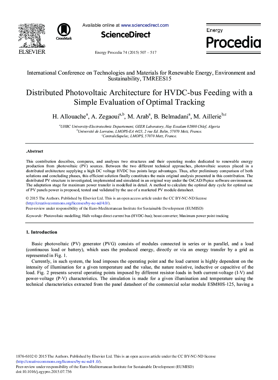 Distributed Photovoltaic Architecture for HVDC-bus Feeding with a Simple Evaluation of Optimal Tracking 