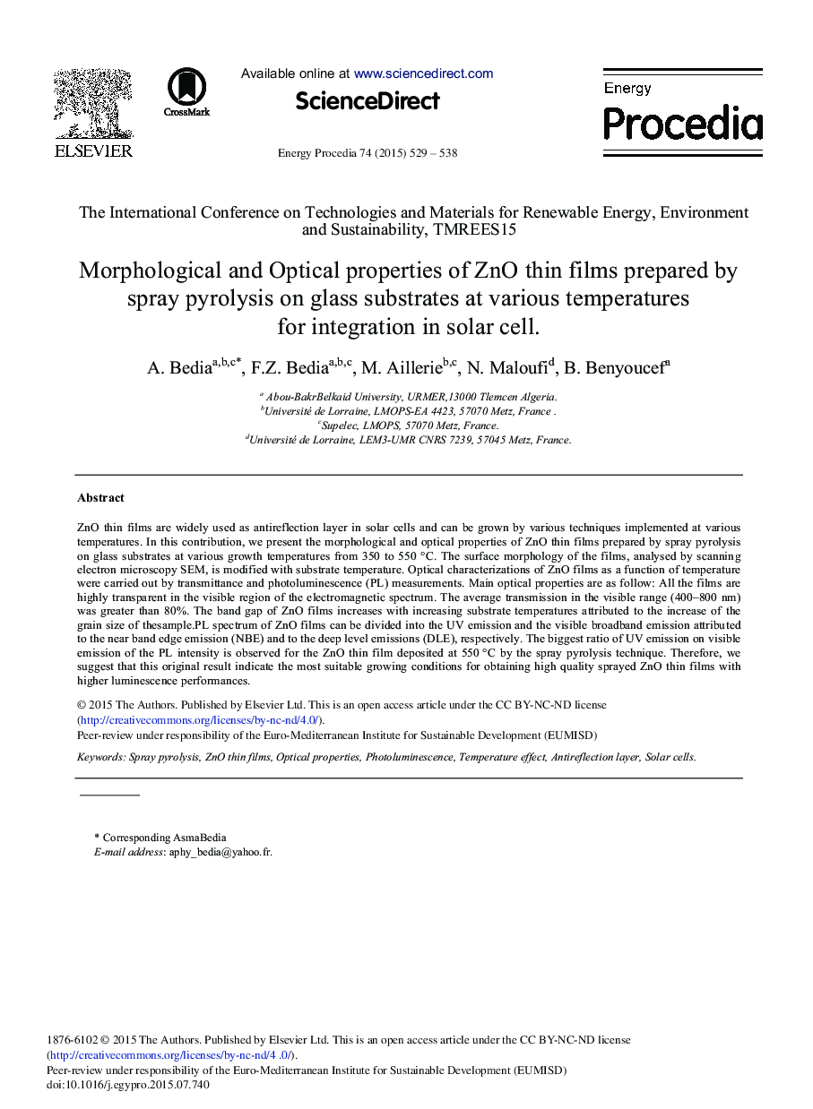 Morphological and Optical Properties of ZnO Thin Films Prepared by Spray Pyrolysis on Glass Substrates at Various Temperatures for Integration in Solar Cell 