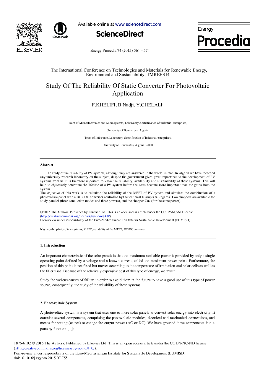 Study of the Reliability of Static Converter for Photovoltaic Application 