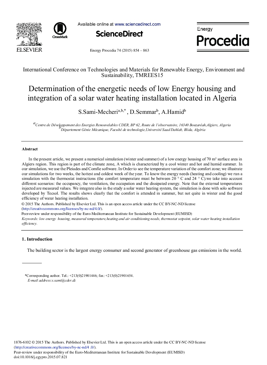 Determination of the Energetic Needs of Low Energy Housing and Integration of a Solar Water Heating Installation Located in Algeria