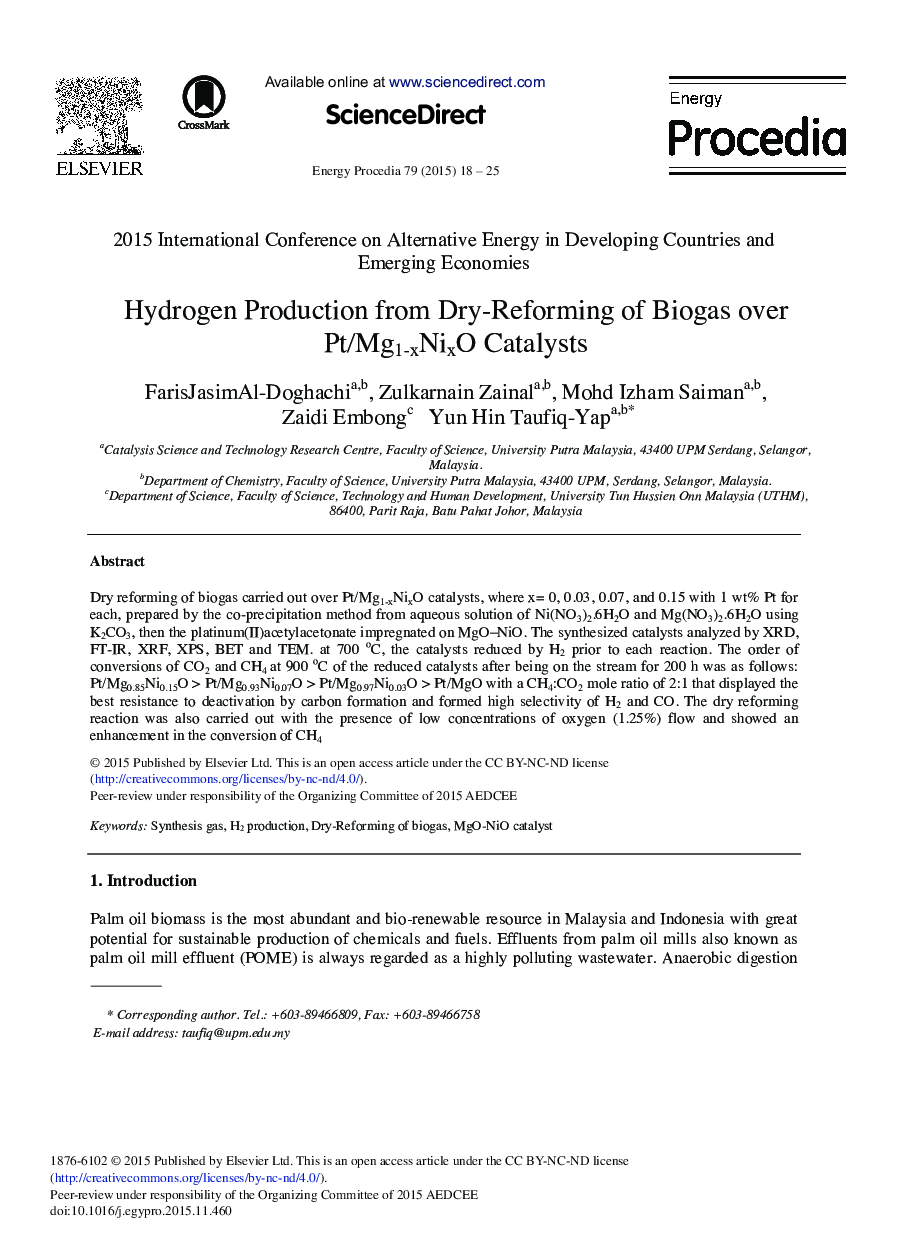 عکس صفحه اول مقاله: Hydrogen Production from Dry-Reforming of Biogas over Pt/Mg1-xNixO Catalysts Hydrogen Production from Dry-Reforming of Biogas over Pt/Mg1-xNixO Catalysts