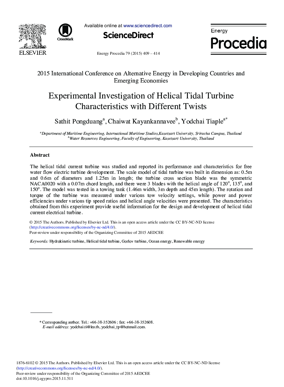 Experimental Investigation of Helical Tidal Turbine Characteristics with Different Twists