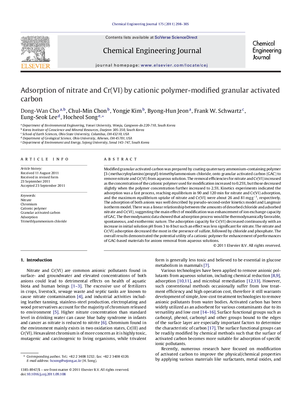 Adsorption of nitrate and Cr(VI) by cationic polymer-modified granular activated carbon