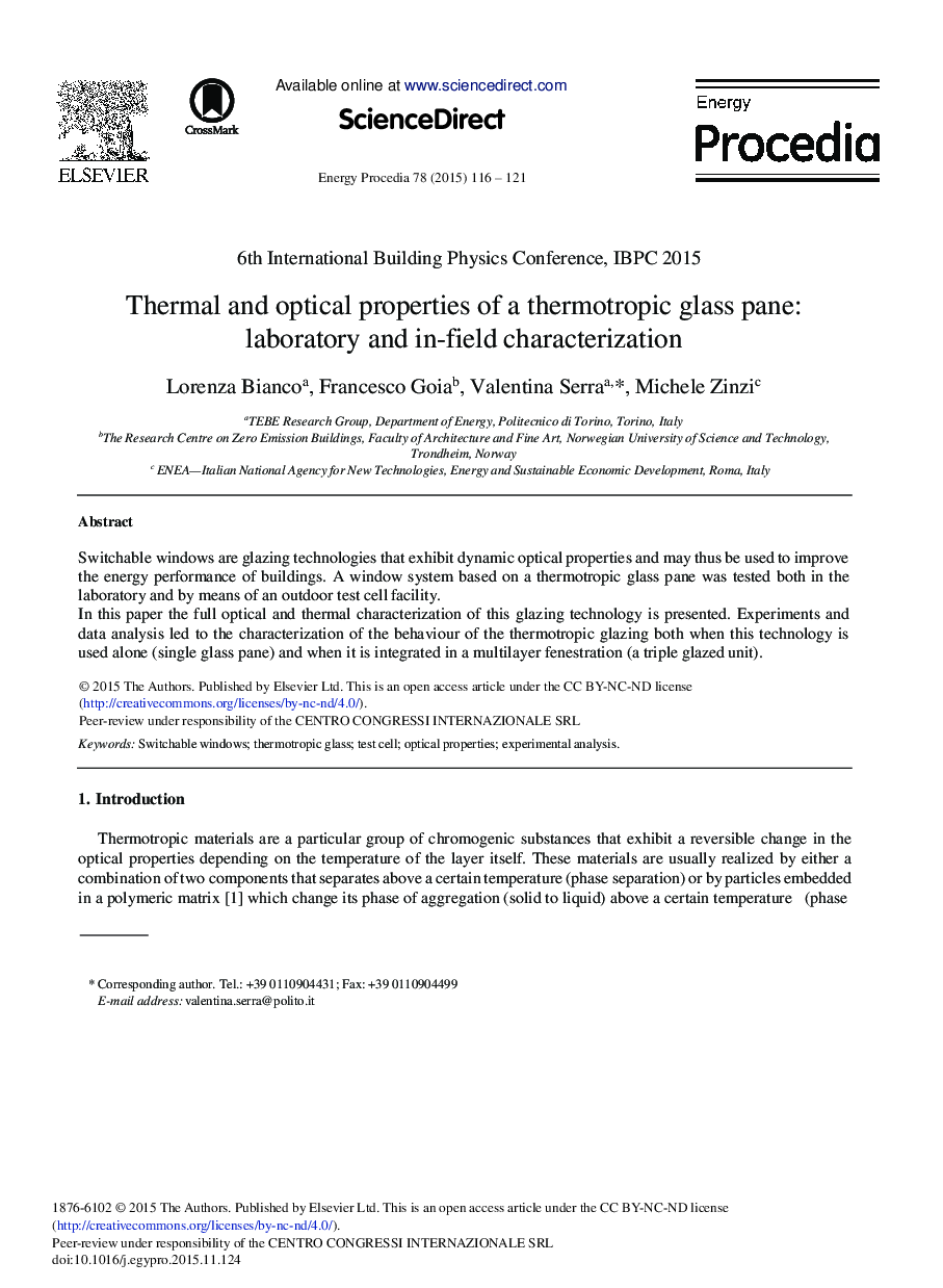 Thermal and Optical Properties of a Thermotropic Glass Pane: Laboratory and In-Field Characterization 