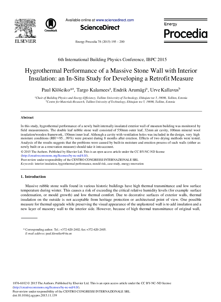 Hygrothermal Performance of a Massive Stone Wall with Interior Insulation: An In-situ Study for Developing a Retrofit Measure 