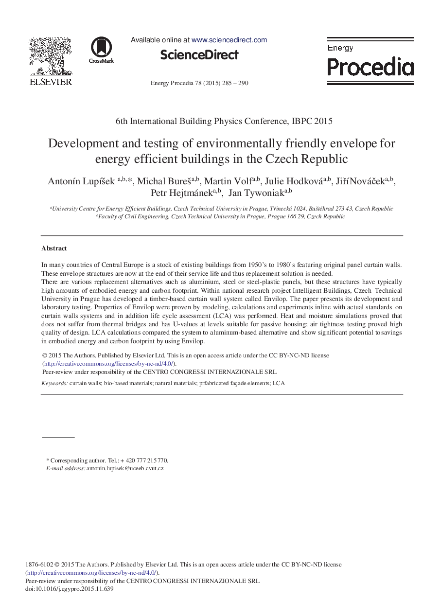 Development and Testing of Environmentally Friendly Envelope for Energy Efficient Buildings in the Czech Republic 