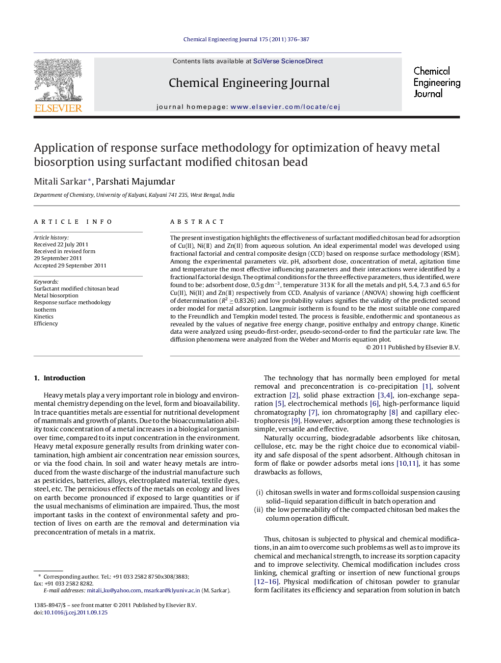 Application of response surface methodology for optimization of heavy metal biosorption using surfactant modified chitosan bead